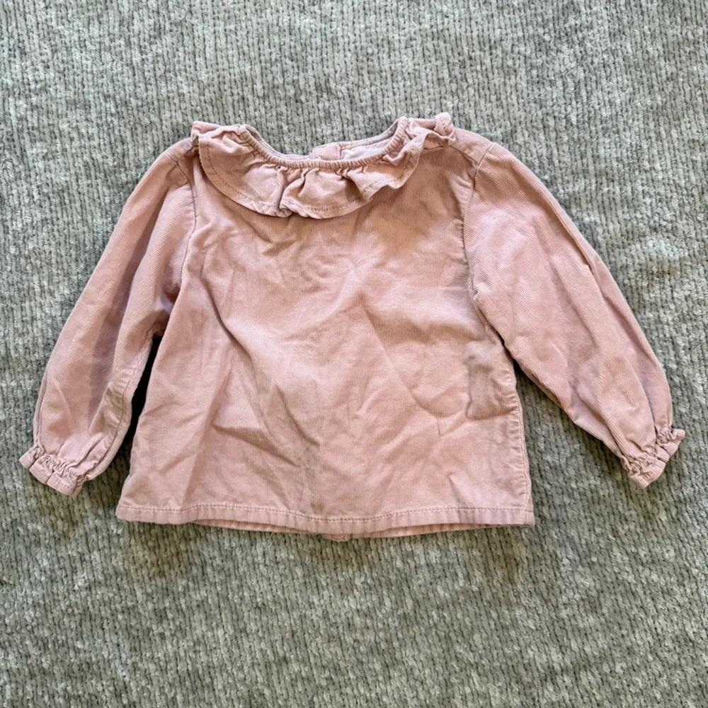 Zara Baby Pink Corduroy‎ Ruffle Collar Top 12-18M Long Sleeve Blouse Dusty Rose